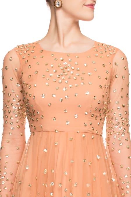 Astha Narang_Orange Embellished Sequins Round Neck Gown _at_Aza_Fashions