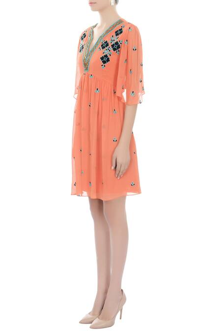 Buy_Arpan Vohra_Orange Georgette Notched Embroidered Dress _Online_at_Aza_Fashions