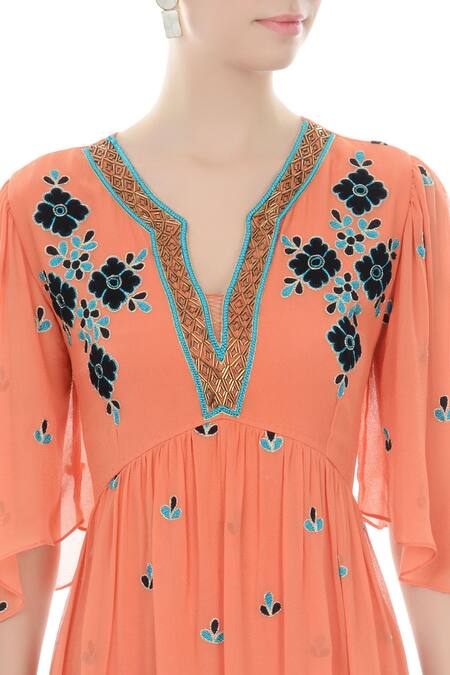 Arpan Vohra_Orange Georgette Notched Embroidered Dress _at_Aza_Fashions
