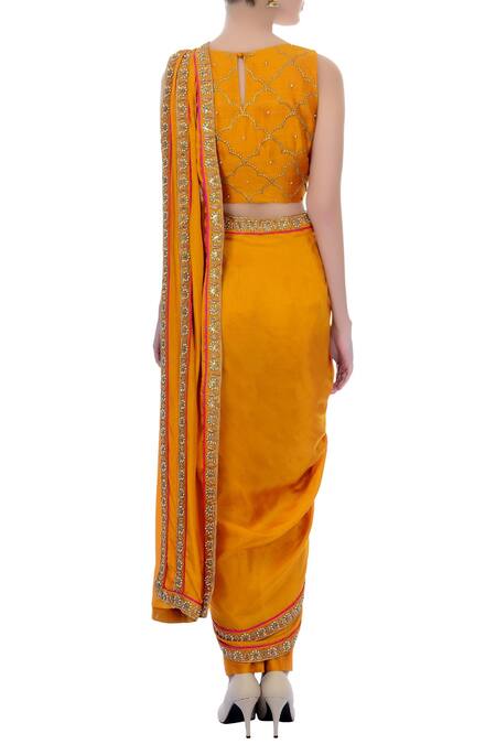Shop Tisha Saksena Yellow Floral, Bead Boat Neck Embroidered Pant Saree With Blouse at Aza Fashions Shop_Tisha Saksena_Yellow Floral, Bead Boat Neck Embroidered Pant Saree With Blouse_at_Aza_Fashions