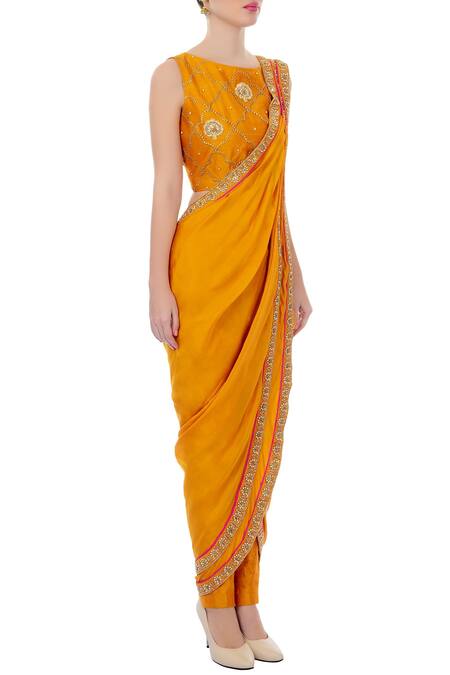 Tisha Saksena Yellow Floral, Bead Boat Neck Embroidered Pant Saree With Blouse Online at Aza Fashions Tisha Saksena_Yellow Floral, Bead Boat Neck Embroidered Pant Saree With Blouse_Online_at_Aza_Fashions