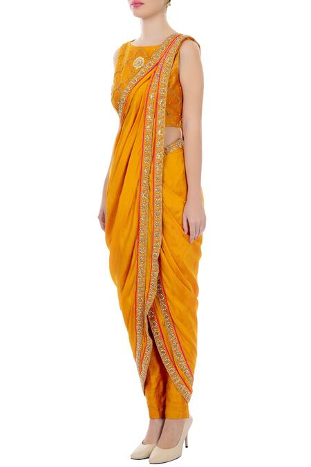 Buy Tisha Saksena Yellow Floral, Bead Boat Neck Embroidered Pant Saree With Blouse Online at Aza Fashions Buy_Tisha Saksena_Yellow Floral, Bead Boat Neck Embroidered Pant Saree With Blouse_Online_at_Aza_Fashions