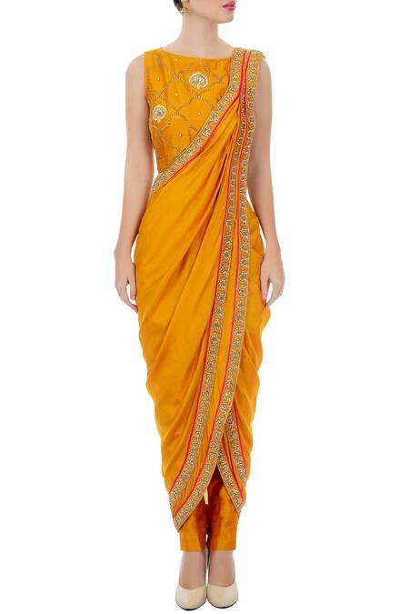 Shop Tisha Saksena Yellow Floral, Bead Boat Neck Embroidered Pant Saree With Blouse Online at Aza Fashions Shop_Tisha Saksena_Yellow Floral, Bead Boat Neck Embroidered Pant Saree With Blouse_Online_at_Aza_Fashions