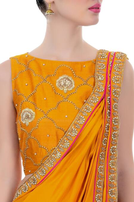 Tisha Saksena Yellow Floral, Bead Boat Neck Embroidered Pant Saree With Blouse at Aza Fashions Tisha Saksena_Yellow Floral, Bead Boat Neck Embroidered Pant Saree With Blouse_at_Aza_Fashions