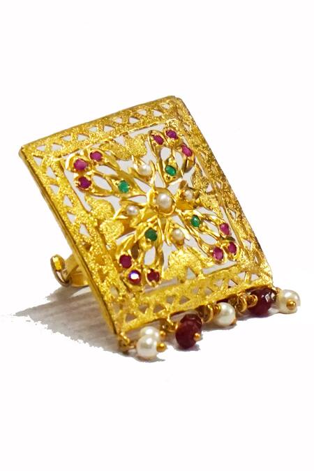 Devanshi Renu Jewels_Gold Plated Stone Geometric Shaped Ring_Online_at_Aza_Fashions