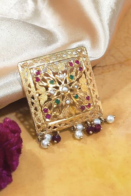 Shop_Devanshi Renu Jewels_Gold Plated Stone Geometric Shaped Ring_Online_at_Aza_Fashions