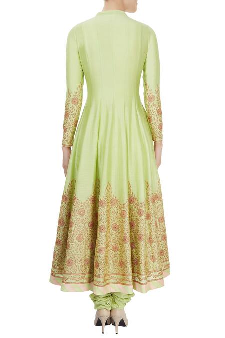Shop Aiman Green Mandarin Collar Chanderi Anarkali Set at Aza Fashions Shop_Aiman_Green Mandarin Collar Chanderi Anarkali Set_at_Aza_Fashions