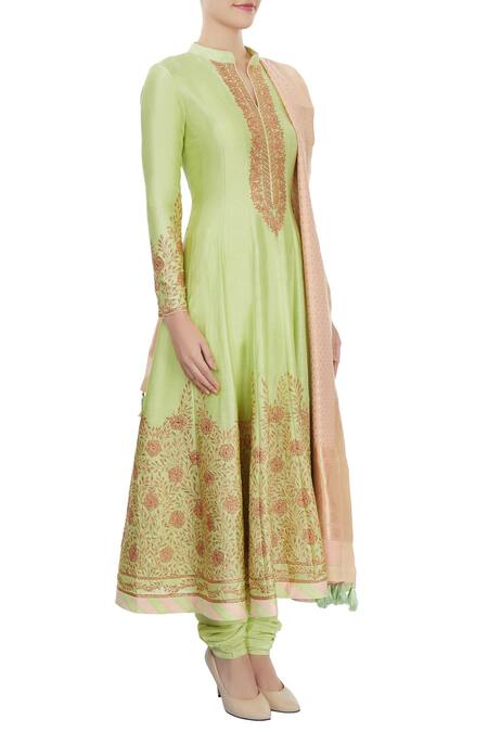 Aiman Green Mandarin Collar Chanderi Anarkali Set Online at Aza Fashions Aiman_Green Mandarin Collar Chanderi Anarkali Set_Online_at_Aza_Fashions
