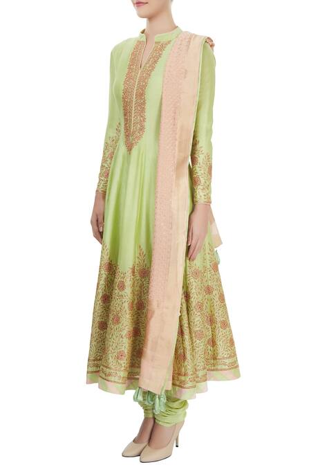Buy Aiman Green Mandarin Collar Chanderi Anarkali Set Online at Aza Fashions Buy_Aiman_Green Mandarin Collar Chanderi Anarkali Set_Online_at_Aza_Fashions