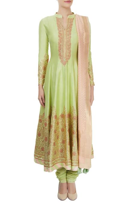Shop Aiman Green Mandarin Collar Chanderi Anarkali Set Online at Aza Fashions Shop_Aiman_Green Mandarin Collar Chanderi Anarkali Set_Online_at_Aza_Fashions