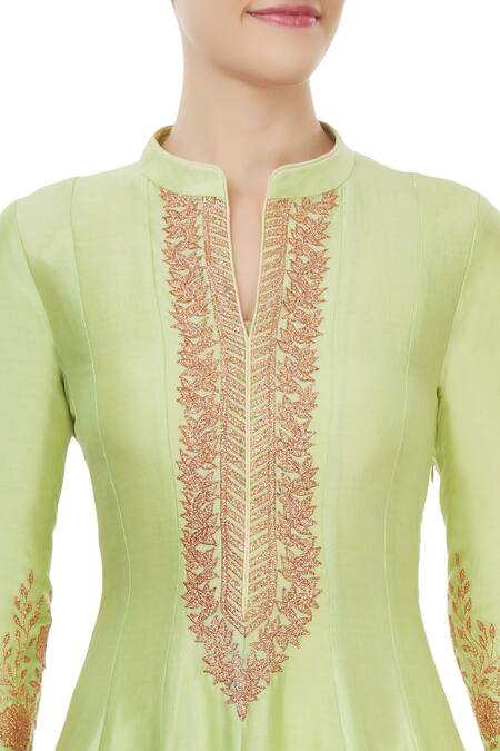Aiman Green Mandarin Collar Chanderi Anarkali Set at Aza Fashions Aiman_Green Mandarin Collar Chanderi Anarkali Set_at_Aza_Fashions