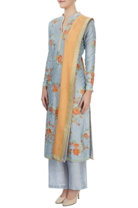 Buy Aiman Blue Chanderi Floral, Resham Work V Neck Embroidered Kurta Set Online at Aza Fashions Buy_Aiman_Blue Chanderi Floral, Resham Work V Neck Embroidered Kurta Set_Online_at_Aza_Fashions