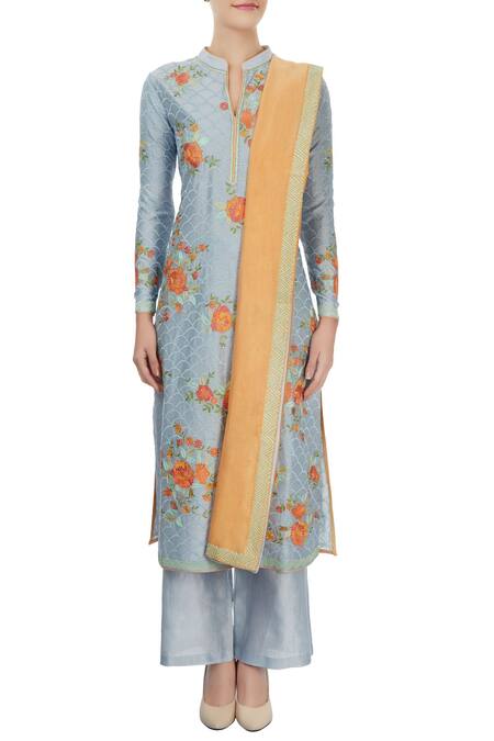 Shop Aiman Blue Chanderi Floral, Resham Work V Neck Embroidered Kurta Set Online at Aza Fashions Shop_Aiman_Blue Chanderi Floral, Resham Work V Neck Embroidered Kurta Set_Online_at_Aza_Fashions