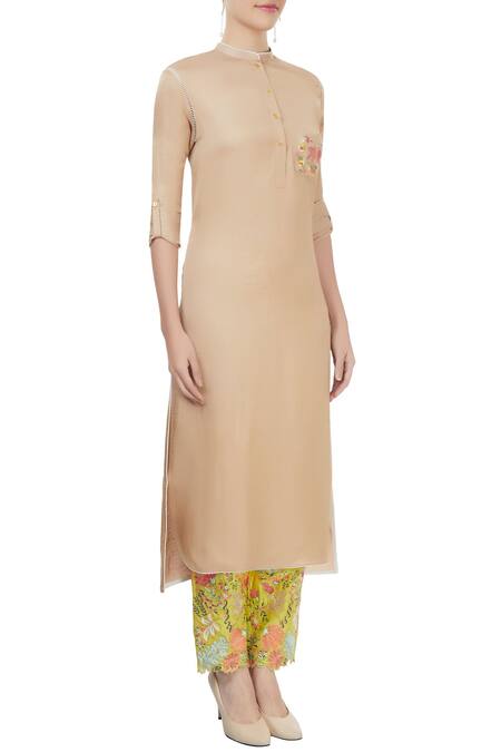 Aiman Beige Mandarin Collar Embroidered Kurta Set Online at Aza Fashions Aiman_Beige Mandarin Collar Embroidered Kurta Set_Online_at_Aza_Fashions