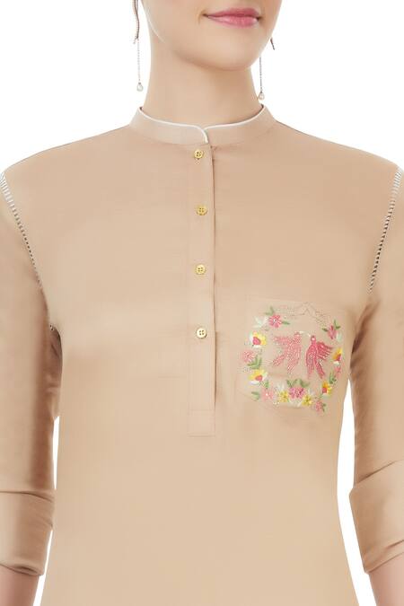 Aiman Beige Mandarin Collar Embroidered Kurta Set at Aza Fashions Aiman_Beige Mandarin Collar Embroidered Kurta Set_at_Aza_Fashions