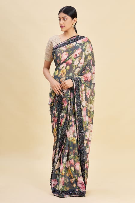 Buy_Pallavi Jaikishan_Black Georgette Printed Saree_Online_at_Aza_Fashions