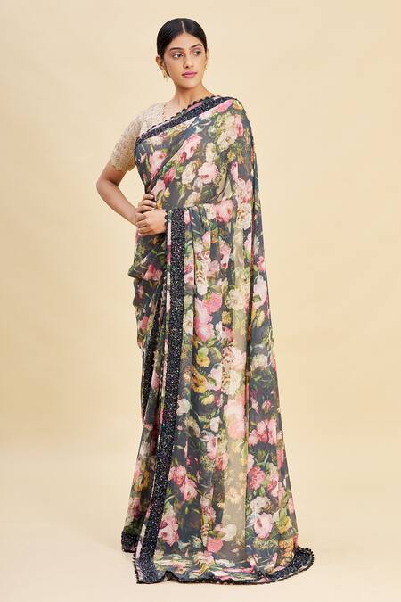 Shop_Pallavi Jaikishan_Black Georgette Printed Saree_Online_at_Aza_Fashions