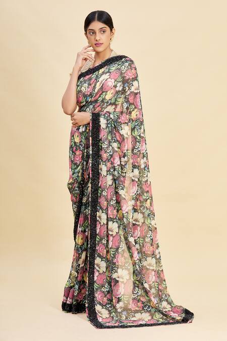 Buy_Pallavi Jaikishan_Black Georgette Printed Saree_Online_at_Aza_Fashions
