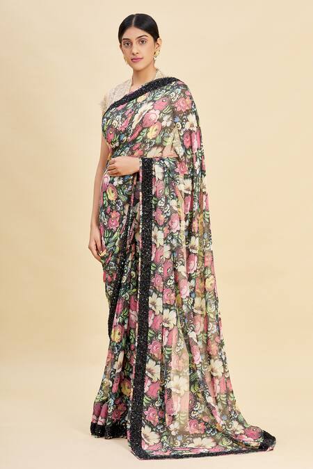 Shop_Pallavi Jaikishan_Black Georgette Printed Saree_Online_at_Aza_Fashions
