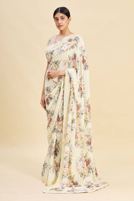 Pallavi Jaikishan_White Georgette Printed Saree_Online_at_Aza_Fashions