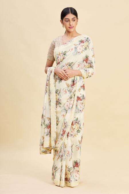 Buy_Pallavi Jaikishan_White Georgette Printed Saree_Online_at_Aza_Fashions
