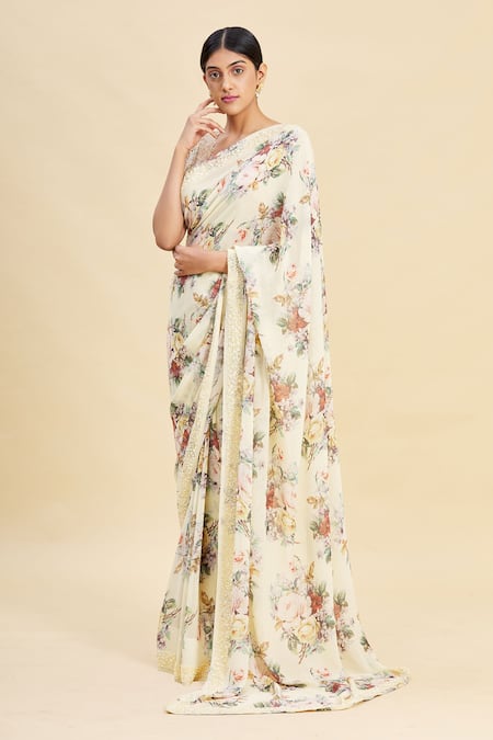 Shop_Pallavi Jaikishan_White Georgette Printed Saree_Online_at_Aza_Fashions