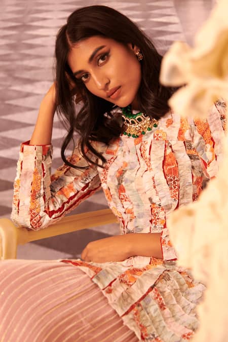 Gauri Dhawan Multi Color Handloom Cotton Round Neck Vasiliki Structured Stripe Pattern Peplum Online at Aza Fashions Gauri Dhawan_Multi Color Handloom Cotton Round Neck Vasiliki Structured Stripe Pattern Peplum_Online_at_Aza_Fashions