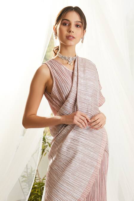 Buy_Tasuvure_Pink Pleated Saree Gown_Online_at_Aza_Fashions