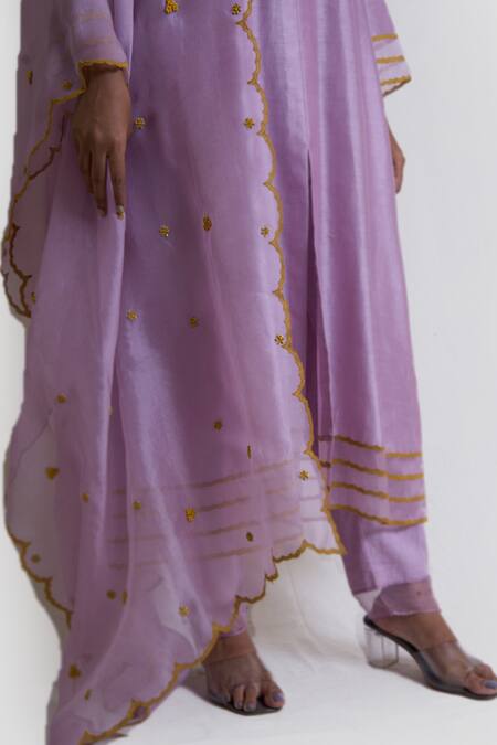 Brij_Purple Chanderi Silk, Spandex, Organza Embroidery, Applique A-line Kurta Set_Online_at_Aza_Fashions
