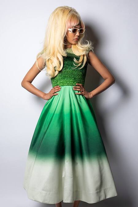 Buy Siddhartha Bansal Green Silk Taffeta Embroidery Ribbon Round Ombre Fit And Flare Dress Online at Aza Fashions Buy_Siddhartha Bansal_Green Silk Taffeta Embroidery Ribbon Round Ombre Fit And Flare Dress _Online_at_Aza_Fashions