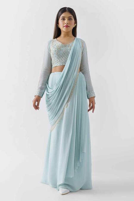 Suruchi Parakh_Blue Georgette Crepe, Lining Shantoon Pre-draped Saree With Embroidered Blouse_Online_at_Aza_Fashions