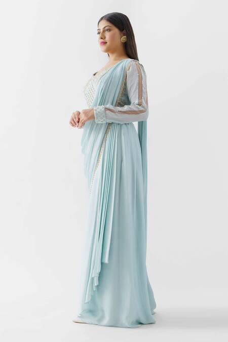 Buy_Suruchi Parakh_Blue Georgette Crepe, Lining Shantoon Pre-draped Saree With Embroidered Blouse_Online_at_Aza_Fashions