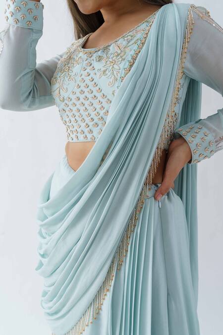 Suruchi Parakh_Blue Georgette Crepe, Lining Shantoon Pre-draped Saree With Embroidered Blouse_at_Aza_Fashions