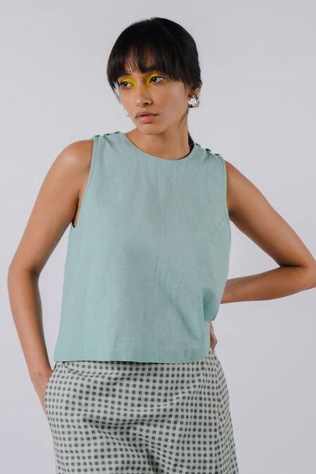 Shop Tussah By Siddhi Shah Green Cotton Round Neck Crop Top Online at Aza Fashions Shop_Tussah By Siddhi Shah_Green Cotton Round Neck Crop Top _Online_at_Aza_Fashions