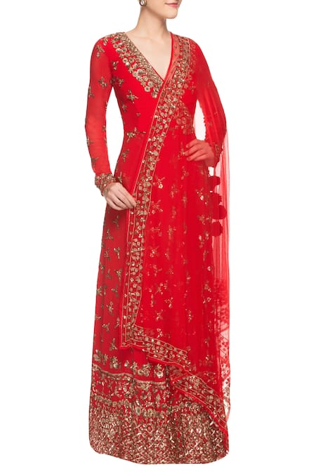 Astha Narang Red Embellished Sequin V Neck Anarkali With Dupatta  