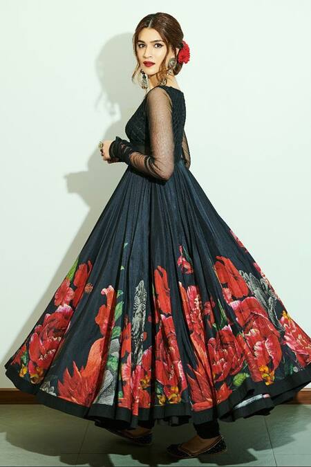 Buy Rohit Bal Black Chanderi Floral Print Deep V Neck Gown Online at Aza Fashions Buy_Rohit Bal_Black Chanderi Floral Print Deep V Neck Gown_Online_at_Aza_Fashions