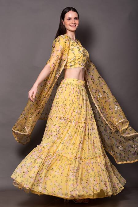 Vara By Vibha N Priti Yellow Chiffon, Organza Beads Round Neck Floral Print Tiered Lehenga Cape Set Online at Aza Fashions Vara By Vibha N Priti_Yellow Chiffon, Organza Beads Round Neck Floral Print Tiered Lehenga Cape Set _Online_at_Aza_Fashions