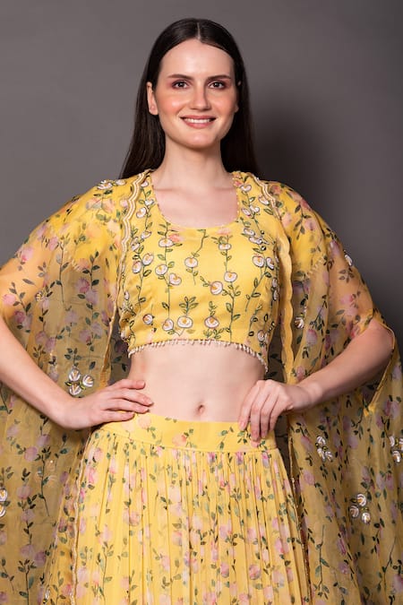 Buy Vara By Vibha N Priti Yellow Chiffon, Organza Beads Round Neck Floral Print Tiered Lehenga Cape Set Online at Aza Fashions Buy_Vara By Vibha N Priti_Yellow Chiffon, Organza Beads Round Neck Floral Print Tiered Lehenga Cape Set _Online_at_Aza_Fashions