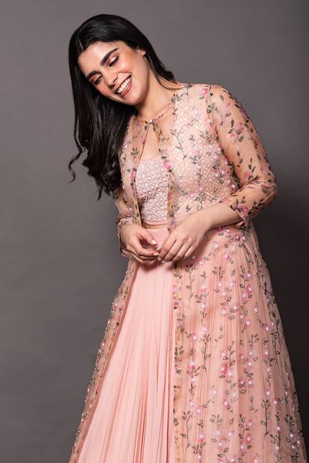 Buy Vara By Vibha N Priti Peach Chiffon, Organza Embroidery, Pleated Lehenga Floral Print Jacket Set Online at Aza Fashions Buy_Vara By Vibha N Priti_Peach Chiffon, Organza Embroidery, Pleated Lehenga Floral Print Jacket Set _Online_at_Aza_Fashions