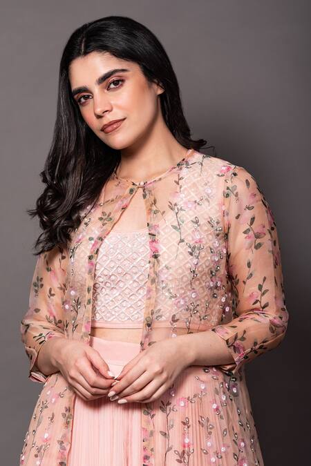 Shop Vara By Vibha N Priti Peach Chiffon, Organza Embroidery, Pleated Lehenga Floral Print Jacket Set Online at Aza Fashions Shop_Vara By Vibha N Priti_Peach Chiffon, Organza Embroidery, Pleated Lehenga Floral Print Jacket Set _Online_at_Aza_Fashions