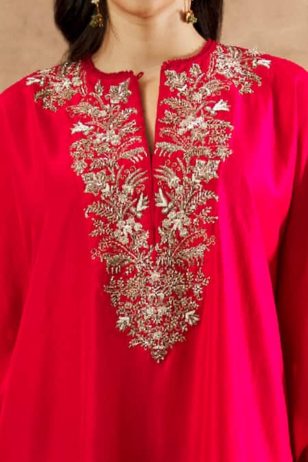 Jayanti Reddy_Red Dupion Silk Zardozi Notched Embroidered Yoke Kaftan _Online_at_Aza_Fashions