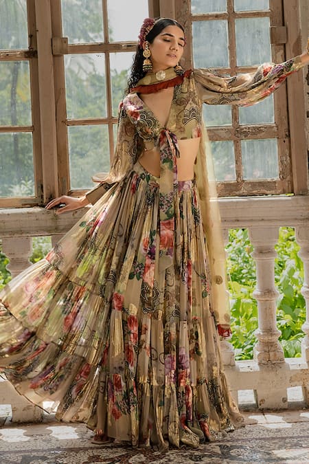 Buy_Amrin Khan_Green Georgette And Organza Floral Print & Gota Patti V Neck Layered Lehenga Set _Online_at_Aza_Fashions