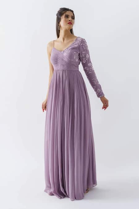 Suruchi Parakh_Purple Georgette, Lining Shantoon Sequins, Thread V Neck Pleated Gown_Online_at_Aza_Fashions