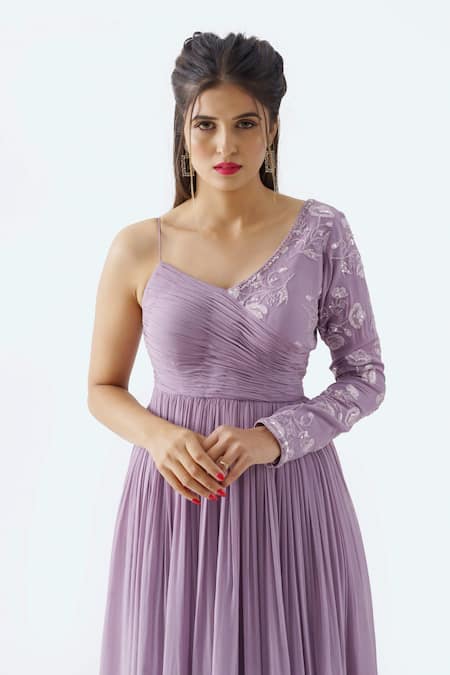 Buy_Suruchi Parakh_Purple Georgette, Lining Shantoon Sequins, Thread V Neck Pleated Gown_Online_at_Aza_Fashions