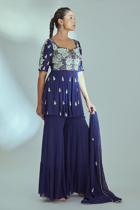 Suruchi Parakh_Blue Georgette, Tussar Silk, Lining Embroidered Peplum Kurta Sharara Set _Online_at_Aza_Fashions