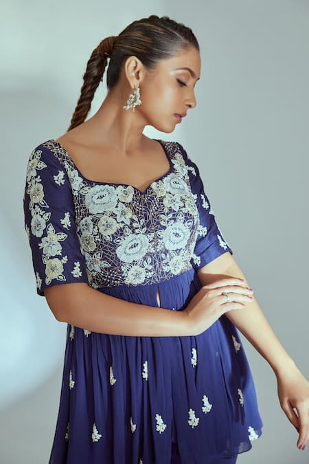 Buy_Suruchi Parakh_Blue Georgette, Tussar Silk, Lining Embroidered Peplum Kurta Sharara Set _Online_at_Aza_Fashions