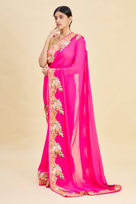 Buy_Pallavi Jaikishan_Pink Georgette Embroidered Saree_Online_at_Aza_Fashions