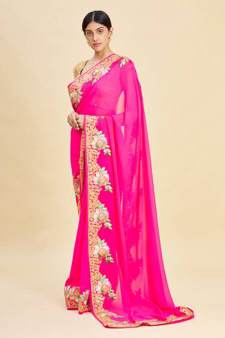 Shop_Pallavi Jaikishan_Pink Georgette Embroidered Saree_Online_at_Aza_Fashions