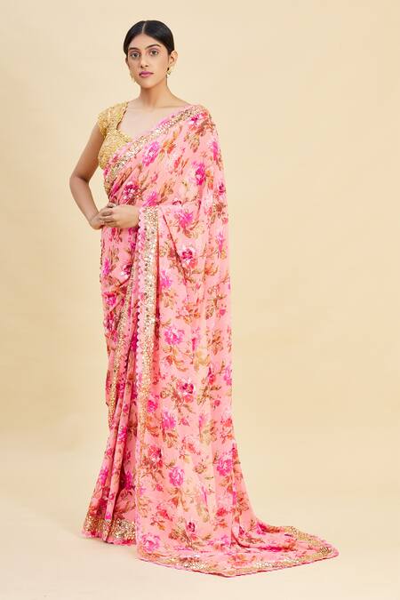 Pallavi Jaikishan_Pink Georgette Printed Saree_Online_at_Aza_Fashions