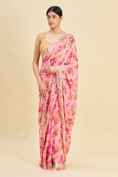 Buy_Pallavi Jaikishan_Pink Georgette Printed Saree_Online_at_Aza_Fashions